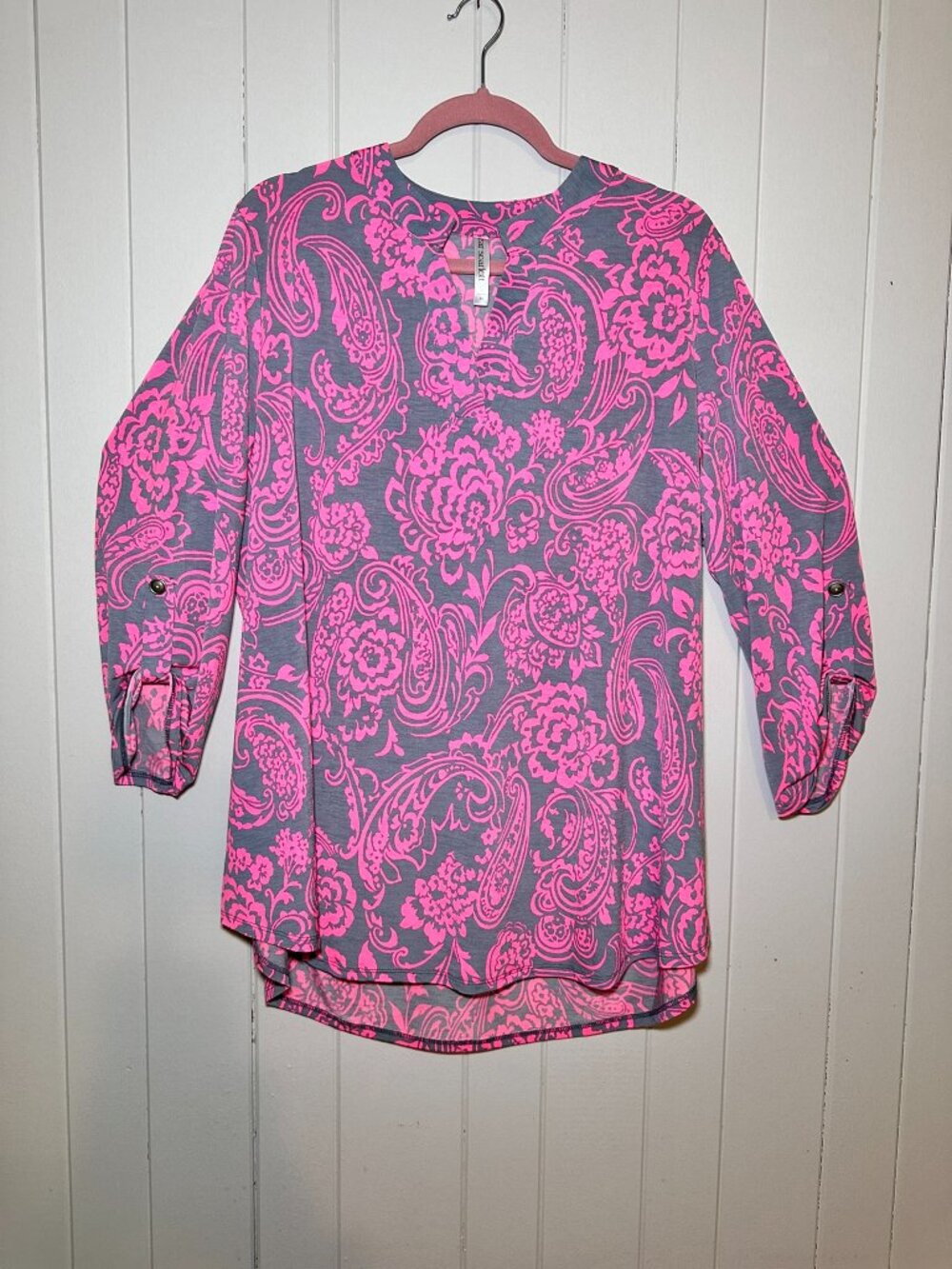 Women's Pink Floral Paisley Roll-Sleeve Top